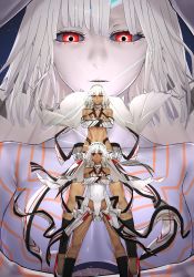 Rule 34 | 10s, 3girls, altera (fate), altera larva (fate), crossed arms, dark-skinned female, dark skin, eyelashes, fate/extella, fate/extra, fate (series), flat chest, giant, giantess, highleg, highleg leotard, i-pan, lens flare, leotard, long hair, looking at viewer, multiple girls, navel, open mouth, pale skin, red eyes, revealing clothes, serious, silver hair, spoilers, standing, stomach, thigh gap, very long hair, white leotard, aged down