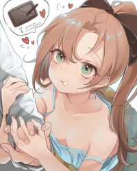 Rule 34 | 1boy, 1girl, akigumo (kancolle), alternate costume, arm grab, blue camisole, blush, breasts, brown hair, camisole, collarbone, commentary, commentary request, downblouse, drawing tablet, green eyes, hair ribbon, highres, holding hands, kantai collection, long hair, no bra, ponytail, ribbon, ruohire9, simple background, small breasts, speech bubble, strap slip, sweat, upper body, white background
