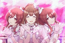 Rule 34 | 3girls, absurdres, alstroemeria (idolmaster), blunt bangs, blush, bow, breasts, brown hair, closed eyes, closed mouth, commentary request, dress, flower, gloves, hair between eyes, hair bow, hair flower, hair ornament, hair over one eye, highres, idolmaster, idolmaster shiny colors, kusaka io, kuwayama chiyuki, light brown hair, long hair, looking at viewer, medium breasts, multiple girls, open mouth, osaki amana, osaki tenka, parted lips, ponytail, smile, yellow eyes