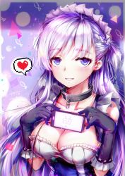 Rule 34 | 1girl, azur lane, belfast (azur lane), bilibili, blue eyes, braid, breasts, broken, broken chain, cellphone, chain, chain, cleavage, collar, french braid, frilled gloves, frills, gloves, heart, heart-shaped pupils, highres, large breasts, long hair, looking at viewer, maid, maid headdress, object on breast, phone, pixel heart, smartphone, smile, solo, spoken heart, symbol-shaped pupils, tfg., white hair