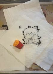 Rule 34 | ..., 1girl, bow, collared shirt, commentary, cropped torso, eating, food, french fries, fujiwara no mokou, hair bow, highres, jokanhiyou, long hair, mcdonald&#039;s, napkin, no nose, open mouth, photo (medium), puffy short sleeves, puffy sleeves, shirt, short sleeves, sketch, solo, spoken ellipsis, suspenders, symbol-only commentary, touhou, traditional media, unconventional media, upper body