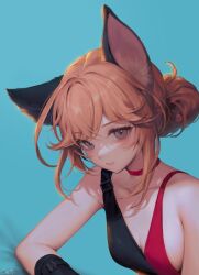 Rule 34 | 1girl, animal ear fluff, animal ears, bare shoulders, blonde hair, blue background, blush, breasts, caesty, choker, cleavage, closed mouth, collarbone, commentary request, elbow rest, green eyes, hair bun, highres, korean commentary, looking at viewer, medium breasts, original, signature, simple background, sleeveless, solo, upper body