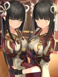 Rule 34 | 2girls, black gloves, black hair, blunt bangs, blush, breasts, closed mouth, fewer digits, gloves, hair ornament, highres, hinoa, japanese clothes, looking at viewer, minoto, monster hunter (series), monster hunter rise, multiple girls, pointy ears, siblings, sidelocks, sisters, smile, twins, yellow eyes, zukan (db tyoutyo)