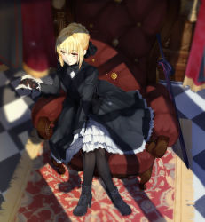 Rule 34 | 1girl, ankle boots, artoria pendragon (all), artoria pendragon (fate), black dress, black footwear, black pantyhose, black ribbon, blonde hair, blurry, boots, checkered floor, crossed legs, depth of field, dress, excalibur morgan (fate), fate/hollow ataraxia, fate (series), from above, gloves, gothic lolita, grandgua, hair between eyes, hair intakes, hair ribbon, high heel boots, high heels, highres, holding, indoors, layered dress, lolita fashion, official alternate costume, pantyhose, ribbon, saber alter, short hair with long locks, sitting, solo, white gloves, yellow eyes