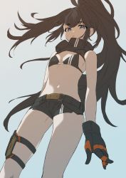 Rule 34 | 1girl, 999ool, absurdres, bikini, bikini top only, black bikini, black gloves, black hair, black rock shooter, black rock shooter: dawn fall, black rock shooter (character), black shorts, blue eyes, breasts, cleavage, floating hair, gloves, grey background, highres, long hair, looking at viewer, midriff, navel, ponytail, short shorts, shorts, simple background, small breasts, solo, standing, stomach, swimsuit, very long hair