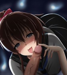 Rule 34 | 1girl, blue eyes, blush, bow, brown hair, censored, commentary request, fellatio, hair bow, idolmaster, idolmaster million live!, looking at viewer, mosaic censoring, open mouth, oral, penis, red bow, sailor collar, saliva, satake minako, school uniform, serafuku, shaded face, shadow, solo focus, tongue, tongue out, wonawo