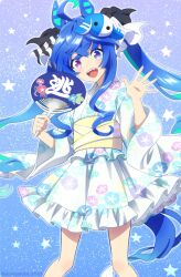 Rule 34 | 1girl, :d, @ @, ahoge, animal ears, aqua hair, blue eyes, blue hair, bow, commentary request, crossed bangs, feet out of frame, floral print, floral print kimono, frilled kimono, frills, hair bow, hair ornament, hand fan, hand up, heterochromia, highres, holding, holding fan, horse ears, horse girl, horse tail, japanese clothes, kimono, long hair, looking at viewer, multicolored hair, obi, open hand, open mouth, paper fan, purple eyes, sash, sharp teeth, sidelocks, smile, solo, star (symbol), starry background, striped, striped bow, stuffed animal, stuffed rabbit, stuffed toy, tail, teeth, tsuji tomoko, twin turbo (umamusume), twintails, twitter username, two-tone hair, uchiwa, umamusume, upper teeth only, white kimono, yellow sash, yukata