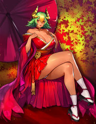 Rule 34 | 1girl, absurdres, alternate costume, bare shoulders, blonde hair, blush, breasts, choker, cleavage, collarbone, commentary, commission, crossed legs, dark-skinned female, dark skin, fake horns, fire emblem, fire emblem heroes, full body, gradient hair, green hair, gurimjang, hair ornament, headgear, highres, horns, japanese clothes, kimono, laegjarn (fire emblem), large breasts, lips, looking at viewer, multicolored hair, nintendo, open mouth, pixiv commission, sandals, shiny skin, short hair, simple background, sitting, smile, solo, tabi, thighs, two-tone hair, white legwear, wide sleeves