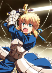 Rule 34 | 1girl, ahoge, armor, arms up, artoria pendragon (fate), blonde hair, excalibur (fate/stay night), fate/stay night, fate/zero, fate (series), gauntlets, glowing, glowing sword, glowing weapon, green eyes, hair ribbon, open mouth, ribbon, rimibure, saber (fate), solo, sword, weapon