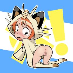 1girl all_fours animal_ears anus ass blush cat_ears cosplay creatures_(company) error!man female_focus from_behind game_freak gen_1_pokemon highres hood meowth meowth_(cosplay) nami_(one_piece) nintendo no_pants one_piece open_mouth orange_hair pokemon pussy socks solo uncensored