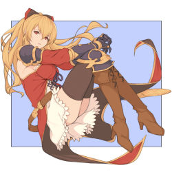 Rule 34 | 1girl, armor, belt, black thighhighs, blonde hair, blue background, boots, border, bow, breasts, brown footwear, cross-laced footwear, dress, empty eyes, female focus, full body, gauntlets, granblue fantasy, hair bow, hands on own knees, high heel boots, high heels, knee pads, long hair, looking at viewer, medium breasts, outside border, parted lips, petticoat, ponytail, red dress, red eyes, shoulder armor, solo, tailcoat, thighhighs, vira (granblue fantasy), white border, wuming