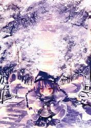 Rule 34 | 1girl, absurdres, braid, female focus, gloves, happy, hat, highres, inuneko, long hair, nature, outdoors, plant, purple hair, red eyes, scarf, skirt, sky, solo, tree, twintails