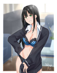Rule 34 | 1girl, black hair, blue bra, blurry, blurry background, bra, breasts, character name, cleavage, collarbone, collared shirt, cowboy shot, dress shirt, earrings, green eyes, grin, groin, hair intakes, hand on own hip, idolmaster, idolmaster cinderella girls, jewelry, lace, lace-trimmed bra, lace-trimmed panties, lace trim, long hair, medium breasts, necklace, open clothes, open shirt, panties, saruno (eyesonly712), school uniform, shibuya rin, shirt, smile, solo, sparkle, standing, striped bra, striped clothes, unbuttoned, unbuttoned shirt, underwear, v, very long hair, white shirt, wing collar
