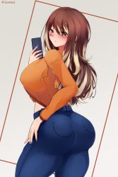 Rule 34 | 1girl, ass, breasts, brown eyes, brown hair, cellphone, denim, from behind, gradient hair, highres, huge ass, jeans, large breasts, long hair, looking at viewer, looking back, multicolored hair, original, pants, phone, shiny clothes, shirt, sideboob, skin tight, solo, soveno, thick thighs, thighs, tight clothes, tight pants, very long hair