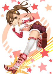 Rule 34 | 1girl, ass, bare shoulders, boots, brown eyes, brown hair, elbow gloves, female focus, fingerless gloves, full body, futami mami, gloves, hair ornament, hairclip, idolmaster, idolmaster (classic), microphone, pondel, ponytail, short shorts, shorts, side ponytail, smile, solo, thighhighs, white background, white thighhighs