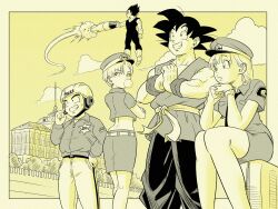 Rule 34 | 2girls, 3boys, android 18, bodysuit, boots, breasts, blowing bubbles, building, bulma, crop top, crossed arms, dimples of venus, dragon ball, dragon ball super, dragon ball super super hero, gloves, greyscale, grin, hat, headset, helmet, highres, husband and wife, kuririn, medium breasts, miniskirt, monochrome, multiple boys, multiple girls, pink mousse, police, police hat, police uniform, policeman, policewoman, rocket, short hair, sitting, skirt, smile, son goku, sweatdrop, uniform, vegeta, watch, wristband, wristwatch
