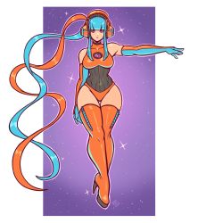 Rule 34 | 1girl, absurdres, aqua gloves, aqua hair, arm at side, bare shoulders, blunt bangs, boots, border, breasts, chest jewel, choker, collarbone, cosplay, covered navel, creatures (company), crossed ankles, dated, deoxys, deoxys (cosplay), elbow gloves, expressionless, facing viewer, full body, game freak, gen 3 pokemon, gloves, gluteal fold, headphones, high heel boots, high heels, highres, large breasts, leotard, lips, lipstick, long hair, looking at viewer, makeup, multicolored clothes, multicolored gloves, multicolored hair, mythical pokemon, neon trim, nintendo, orange footwear, orange gloves, orange hair, orange headphones, orange headwear, outline, outside border, outstretched arm, personification, pokemon, pokemon rse, purple background, purple eyes, purple lips, ravenousruss, ribbed leotard, shiny footwear, sidelocks, signature, solo, star (symbol), starry background, taut clothes, thigh boots, thighhighs, twintails, two-tone gloves, two-tone hair, very long hair, white border, wide hips, zipper, zipper pull tab