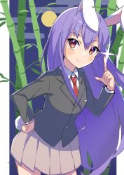 Rule 34 | 1girl, animal ears, bamboo, bamboo forest, blazer, blush, breast pocket, buttons, closed mouth, collared shirt, commentary, commentary request, egasumi, eyelashes, finger gun, forest, full moon, hair between eyes, hand on own hip, jacket, light purple hair, long hair, long sleeves, looking at viewer, miz (mizillustration), moon, nature, necktie, night, pink skirt, pleated skirt, pocket, rabbit ears, rabbit tail, red eyes, red necktie, reisen udongein inaba, shirt, skirt, solo, sparkle, standing, suit jacket, symbol-only commentary, tail, touhou, white shirt, wing collar