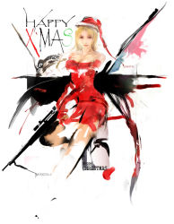 1girl blonde_hair breasts christmas cleavage female_focus gun koyama_sousuke large_breasts original rifle samael santa_costume skirt solo weapon