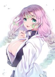 Rule 34 | 1girl, :d, absurdres, arm at side, belt, black jacket, black skirt, blush, braid, breasts, buta tamako, commentary request, eyelashes, gradient hair, green eyes, green hair, hair between eyes, hand up, haori, highres, jacket, japanese clothes, kanroji mitsuri, kimetsu no yaiba, large breasts, long hair, long sleeves, looking at viewer, mole, mole under eye, multicolored hair, no bra, open clothes, open mouth, partially unbuttoned, pink hair, pleated skirt, quad braids, shiny skin, shirt, sidelocks, simple background, skirt, smile, solo, tri braids, very long hair, white background, white belt, white shirt