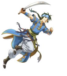 Rule 34 | 1boy, belt, braid, clenched hand, fire emblem, fire emblem: the blazing blade, fire emblem heroes, full body, gold trim, green eyes, green hair, guy (fire emblem), headband, highres, holding, holding sword, holding weapon, indesign, leg up, long hair, looking away, male focus, nintendo, non-web source, noots, official art, pants, parted lips, pelvic curtain, short sleeves, single braid, slashing, smile, solo, sword, teeth, transparent background, weapon