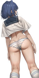 Rule 34 | 1girl, absurdres, ass, backboob, blue hair, breasts, butt crack, calf socks, hair between eyes, highres, hololive, hololive english, honkivampy, large breasts, looking to the side, medium hair, ouro kronii, panties, ribbon earrings, school uniform, solo, striped clothes, striped panties, underboob, underwear, virtual youtuber, white panties