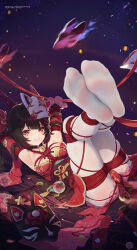 Rule 34 | 1girl, armpits, arms behind head, bell, black hair, bound, bound legs, breasts, dress, facial mark, feet, foot focus, fox mask, full body, heart, heart-shaped pupils, highres, honkai: star rail, honkai (series), icecake, jingle bell, legs up, long hair, lying, mask, mask on head, medium breasts, neck bell, no shoes, on back, pantyhose, parted lips, red dress, red eyes, red rope, rope, shibari, smile, solo, sparkle (honkai: star rail), symbol-shaped pupils, thighs, white pantyhose