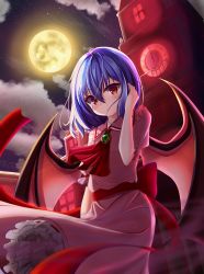 Rule 34 | 1girl, absurdres, apron, bat wings, blush, brooch, clock, clock tower, commentary request, dress, frilled dress, frilled shirt collar, frills, from below, full body, hair behind ear, hair between eyes, highres, huge filesize, jewelry, looking at viewer, medium hair, moon, night, no headwear, no headwear, outdoors, parted lips, pink dress, puffy short sleeves, puffy sleeves, red eyes, red neckwear, red sash, remilia scarlet, sash, scarlet devil mansion, short sleeves, sky, solo, standing, star (sky), starry sky, syo03, touhou, tower, wind, wings, yellow moon
