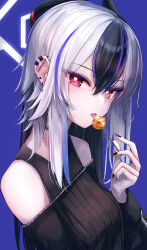 Rule 34 | 1girl, bare shoulders, black choker, black hair, black horns, blue archive, blue background, candy, choker, demon horns, detached sleeves, ear piercing, food, hair between eyes, halo, highres, horns, kayoko (blue archive), kie (yospcd), looking at viewer, mole, mole on neck, multicolored hair, nail polish, piercing, red eyes, simple background, solo, streaked hair, tagme, tongue, tongue out, white hair