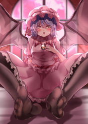 Rule 34 | 1girl, absurdres, bat wings, black pantyhose, breasts, brooch, buttons, collared shirt, dress shirt, feet, foot focus, foreshortening, frilled shirt, frilled shirt collar, frilled skirt, frilled sleeves, frills, full body, hand on own chest, hat, hat ribbon, highres, indoors, jewelry, looking at viewer, m legs, mahoro (minase mahoro), mob cap, moon, nail polish, open mouth, orange eyes, pantyhose, pink hat, pink moon, pink shirt, pink skirt, puffy short sleeves, puffy sleeves, purple hair, red ribbon, remilia scarlet, ribbon, shirt, short hair, short sleeves, skirt, small breasts, solo, spread legs, teeth, toes, touhou, transparent wings, upper teeth only, window, wings, yellow brooch