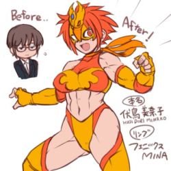 Rule 34 | 1girl, abs, before and after, brown hair, character name, fighting stance, glasses, hanzo (2929), lowres, mask, multiple views, muscular, muscular female, navel, orange hair, original, red eyes, simple background, thighhighs, thighs, white background, wrestler, wrestling mask, wrestling outfit