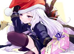 Rule 34 | 1girl, black gloves, black jacket, black skirt, black thighhighs, blue archive, blush, box, breasts, closed mouth, gift, gift box, gloves, hat, highres, hina (blue archive), holding, holding gift, jacket, long hair, long sleeves, mosuke1221, pom pom (clothes), purple eyes, red hat, santa hat, skirt, small breasts, solo, thighhighs, white hair