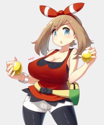 Rule 34 | 10s, 1girl, bare shoulders, bike shorts, blue eyes, blueberry (5959), blush, bracelet, breasts, brown hair, cleavage, creatures (company), curvy, fanny pack, game freak, hair ribbon, highres, jewelry, large breasts, long hair, looking at viewer, may (pokemon), may (pokemon oras), nintendo, open mouth, pokemon, pokemon oras, ribbon, shirt, short hair, short shorts, shorts, signature, simple background, sleeveless, sleeveless shirt, solo, standing, tank top, two side up