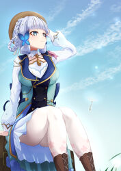 Rule 34 | 1girl, ayaka (genshin impact), blue eyes, blue hair, blunt bangs, boots, braid, breasts, brown footwear, butterfly hair ornament, closed mouth, commentary, feet out of frame, flower, genshin impact, hair flower, hair ornament, hair up, hand on own head, hand up, hat, hat flower, highres, kamisato ayaka, kamisato ayaka (springbloom missive), light blue hair, long sleeves, looking afar, looking up, medium breasts, menchi-men, official alternate costume, pantyhose, puffy long sleeves, puffy sleeves, sitting, smile, solo, white pantyhose