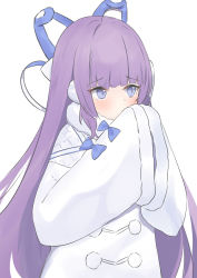 Rule 34 | 1girl, absurdres, azur lane, blue bow, blue eyes, blush, bow, closed mouth, coat, fur-trimmed sleeves, fur trim, hands up, highres, long hair, long sleeves, looking away, own hands together, purple hair, roido (taniko-t-1218), simple background, solo, tashkent (azur lane), upper body, very long hair, white background, white coat, wide sleeves
