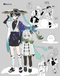 Rule 34 | 1boy, 1girl, alternate costume, blue eyes, blue hair, breath, commentary request, eyeshadow, genshin impact, gloves, green eyes, green hair, grey hair, hat, highres, holding hands, jacket, long hair, makeup, multicolored hair, musical note, nahida (genshin impact), no6 gnsn, one eye closed, partially colored, red eyeshadow, scaramouche (genshin impact), scarf, short hair, side ponytail, snow, snowball, snowing, spoken musical note, squatting, throwing, translation request, wanderer (genshin impact), winter clothes