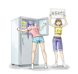 Rule 34 | 241543903, 2girls, ^ ^, ass, belt, brown hair, closed eyes, hair bobbles, hair ornament, harao, long hair, meme, midriff, multiple girls, navel, open mouth, original, purple hair, refrigerator, short hair, sign, sign holding, simple background, smile, socks, twintails, typo