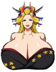 Rule 34 | 1girl, ass, black maria (one piece), blonde hair, blue eyes, breasts, clothes, female focus, gigantic breasts, highres, horns, huge ass, japanese clothes, kimono, long hair, looking at viewer, one piece, simple background, smile, solo, white background, zeoren