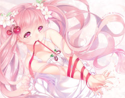 Rule 34 | 1girl, bdsm, bondage, bound, bound arms, bound wrists, breasts, cherry, cherry blossoms, cleavage, collarbone, downblouse, dress, food, fruit, hatsune miku, long hair, mouth hold, necktie, paint musume, pink hair, red ribbon, ribbon, sakura miku, simple background, sleeveless, sleeveless dress, solo, symbol-shaped pupils, twintails, vocaloid, white background, white dress