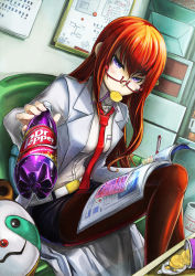 Rule 34 | 1girl, absurdres, book, chips (food), couch, dr pepper, eating, food, glasses, highres, lab coat, pantyhose under shorts, long hair, makise kurisu, necktie, pantyhose, pen, potato chips, purple eyes, red hair, red necktie, shorts, sitting, solo, steins;gate, thighhighs, todee, whiteboard