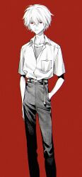 Rule 34 | 1boy, belt, black pants, collared shirt, grey belt, grey shirt, greyscale with colored background, hand in pocket, highres, himo (himodayoo), looking at viewer, male focus, nagisa kaworu, neon genesis evangelion, pants, parted lips, red background, red eyes, shirt, short hair, short sleeves, solo, teeth, white hair, white shirt