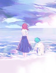 Rule 34 | 2others, absurdres, androgynous, aqua hair, arm at side, beach, black skirt, cinnabar (houseki no kuni), cizihoudanshao, clenched hand, cloud, cloudy sky, collared shirt, contemporary, day, facing away, floating hair, from behind, hand on own head, highres, horizon, houseki no kuni, long hair, long sleeves, miniskirt, multiple others, nature, ocean, other focus, outdoors, phosphophyllite, red hair, shirt, shirt tucked in, short sleeves, skirt, sky, standing, untucked shirt, wading, water, white shirt, wind
