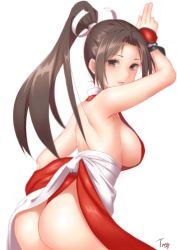 Rule 34 | 1girl, absurdres, ass, bare shoulders, breasts, brown eyes, brown hair, fatal fury, highres, large breasts, long hair, looking at viewer, looking back, ponytail, shiranui mai, sideboob, solo, standing