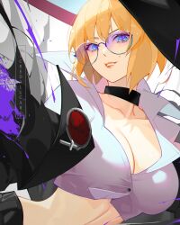 Rule 34 | 1girl, alternate color, alternate eye color, alternate hair color, black choker, black headwear, blonde hair, blue eyes, breasts, choker, cleavage, guilty gear, guilty gear strive, hat, highres, i-no, ian olympia, large breasts, looking at viewer, mole, mole above mouth, red lips, short hair, tinted eyewear, venus symbol, witch hat