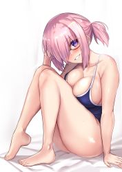 Rule 34 | 1girl, alternate costume, alternate hairstyle, arm at side, ass, bare legs, barefoot, black-framed eyewear, blue one-piece swimsuit, blush, breasts, cleavage, commentary request, fate/grand order, fate (series), female focus, glasses, hair over one eye, head tilt, highres, knees to chest, large breasts, looking at viewer, mash kyrielight, new school swimsuit, one-piece swimsuit, pink hair, purple eyes, school swimsuit, short hair, short ponytail, sitting, smile, solo, sweat, swimsuit, untue