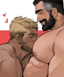 Rule 34 | 2boys, abs, arm hair, bara, beard, between pecs, between pectorals, black hair, blonde hair, blush, chest hair, completely nude, couple, dark-skinned male, dark skin, dopey (dopq), facial hair, from side, head between pecs, highres, large pectorals, male focus, mature male, multiple boys, muscular, muscular male, nipples, nude, old, old man, original, pectoral kiss, pectorals, scar, scar across eye, scar on face, scar on nose, short hair, thick eyebrows, upper body, yaoi