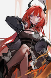 1girl, absurdres, arknights, arm up, bangs, bare shoulders, black collar, black dress, breasts, closed mouth, collar, commentary request, detached collar, dress, grey jacket, grey legwear, hair between eyes, highres, horns, jacket, korean commentary, legs crossed, long hair, long sleeves, looking at viewer, medium breasts, nahonanaho, off shoulder, purple eyes, red hair, sitting, solo, surtr (arknights), thighhighs, very long hair