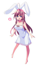 Rule 34 | 1girl, ahoge, animal ears, barefoot, blue eyes, breasts, cleavage, dress, female focus, full body, heart, long hair, open mouth, original, pink hair, rabbit ears, saiste, simple background, smile, solo, sundress, white background