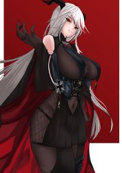 Rule 34 | 1girl, aegir (azur lane), arm up, azur lane, black cloak, black dress, black gloves, black thighhighs, blush, bodystocking, breasts, cloak, closed mouth, covered navel, cross, dragon girl, dragon horns, dress, elbow gloves, feet out of frame, from side, gloves, grey hair, highres, horns, huge breasts, iron cross, ishimaru (ishimarust), long hair, looking at viewer, multicolored hair, orange eyes, pantyhose, sideboob, simple background, smile, solo, standing, streaked hair, thighhighs, thighs