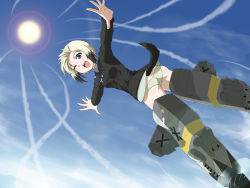 Rule 34 | 1girl, ass, bad id, bad pixiv id, blonde hair, blue eyes, contrail, day, erica hartmann, flying, highres, mackey (mthc riku), military, military uniform, multicolored hair, one eye closed, open mouth, outstretched arms, panties, short hair, sky, solo, strike witches, striker unit, sun, tail, two-tone hair, underwear, uniform, wink, world witches series